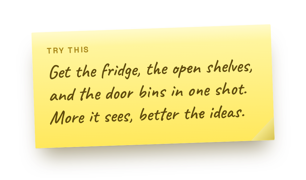 Get the fridge, the open shelves, and the door bins in one shot. More it sees, better the ideas.