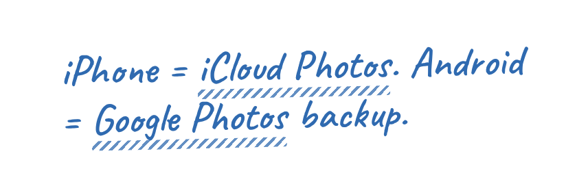 iPhone = iCloud Photos. Android = Google Photos backup.