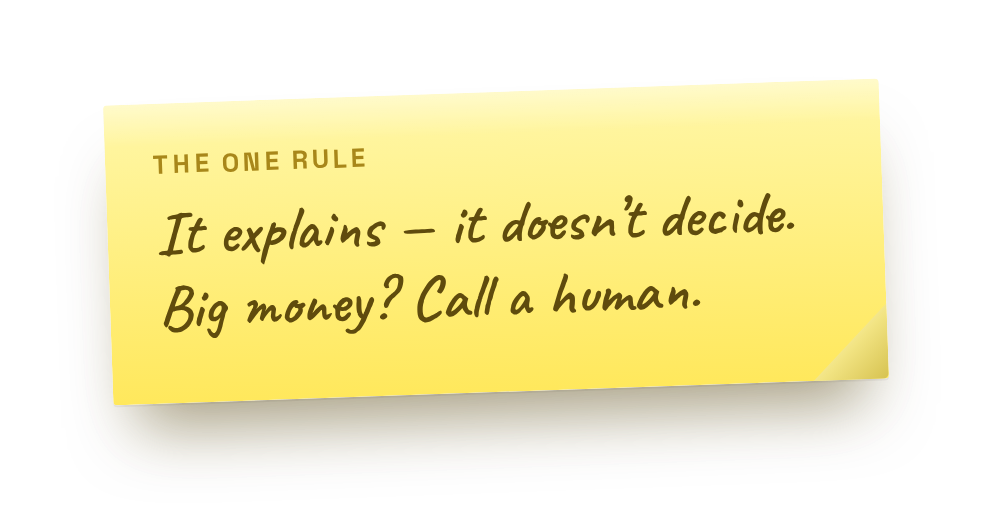 It explains - it doesn't decide. Big money? Call a human.